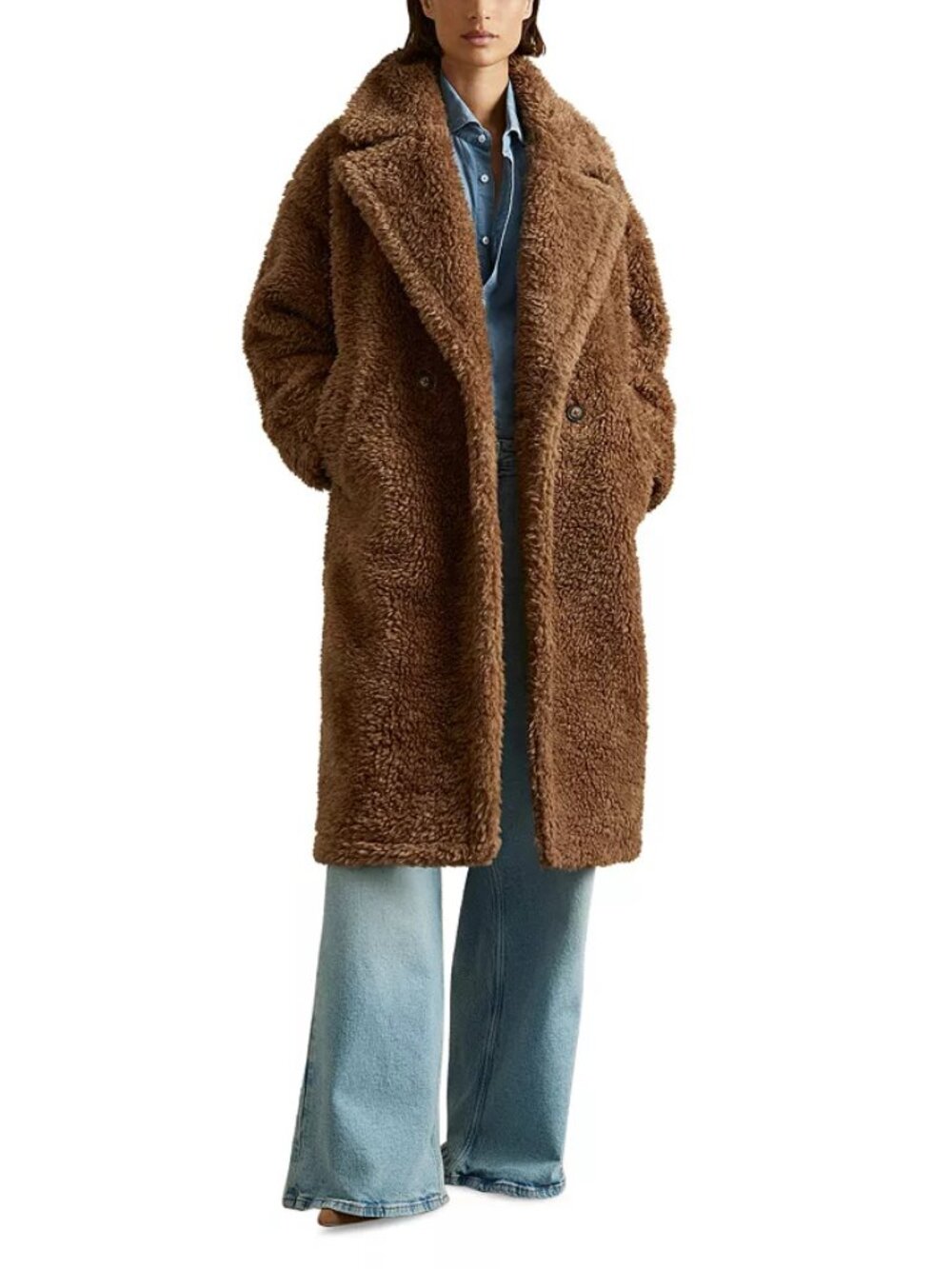 $745 REISS Darla Brown Wool Blend Long Teddy Coat Size S NWT